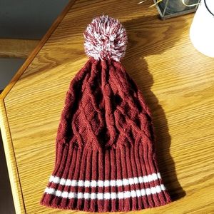 Burgundy and white stripped beanie with pom pom